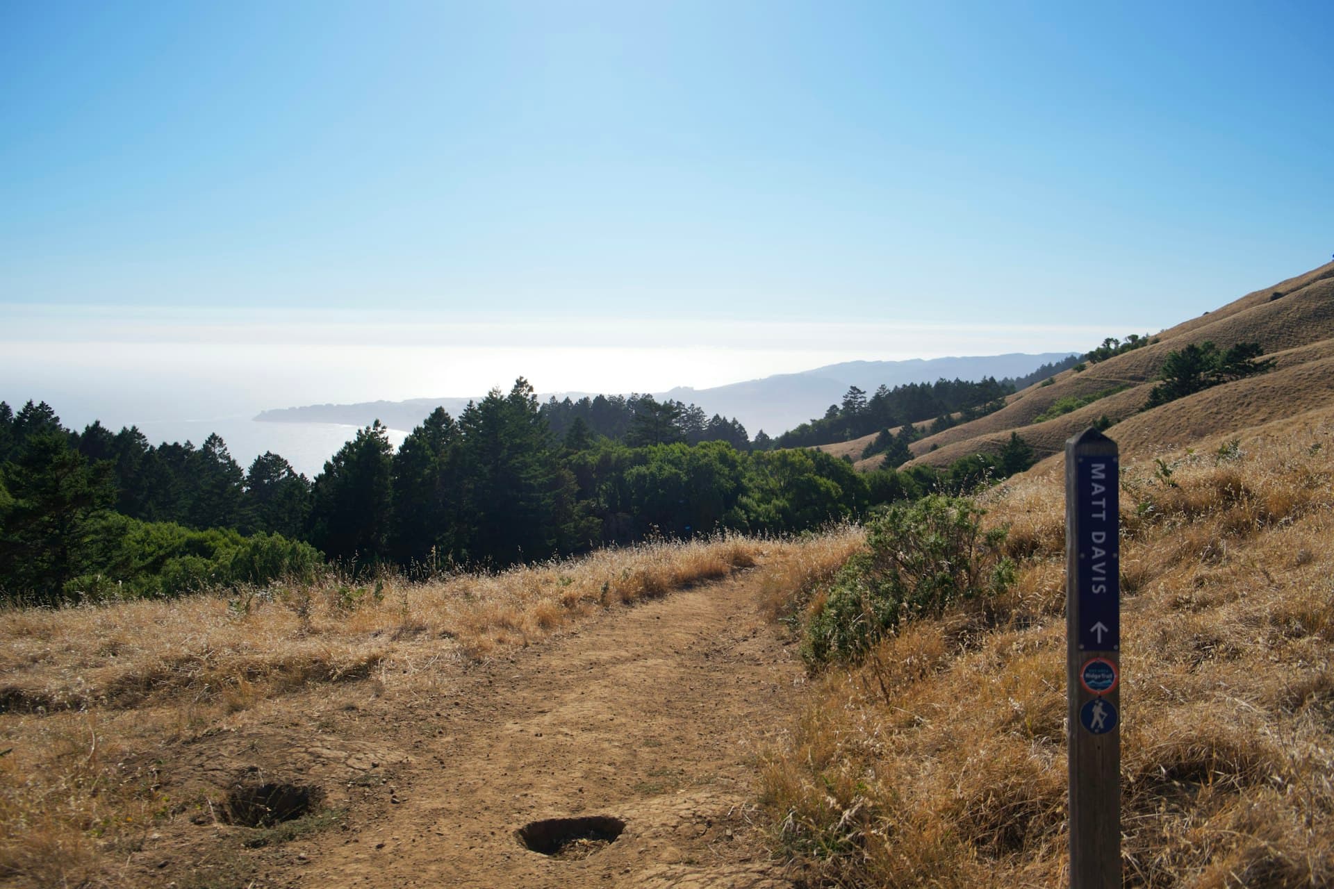 A hiking trail marked with a wooden post leads through golden grassland hills toward a forested ridge and distant misty lake under clear skies.